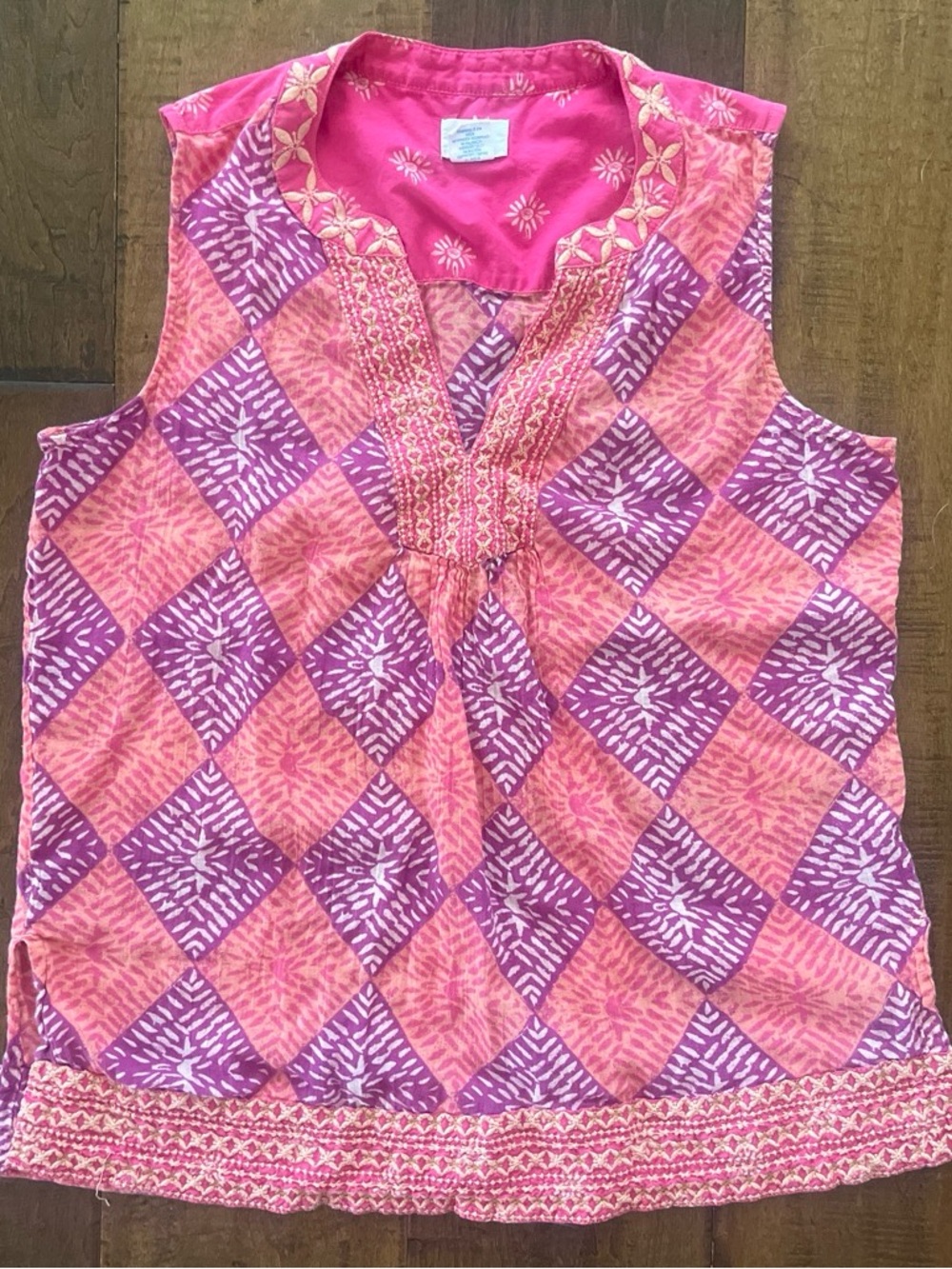 Sigrid Olsen pink and purple geometric diamond-print embroidered cotton tunic